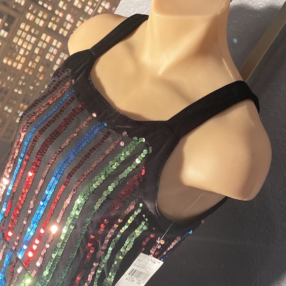 KNIT WORKS - NWT - jumpsuit: black lined mesh w 🌈 sequins & velvet straps - 16 - Picture 3 of 16
